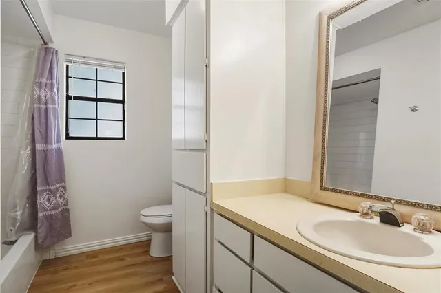 a bathroom with a sink a toilet and shower curtain