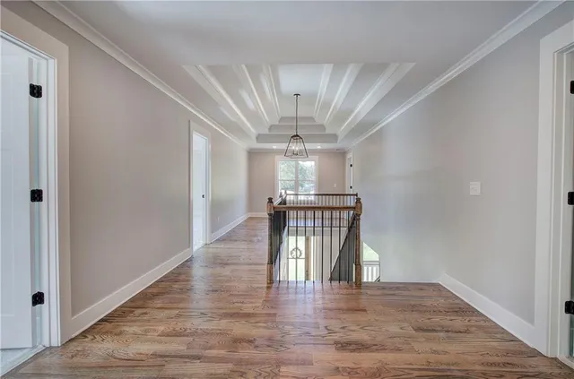 a view of a porch with wooden floor