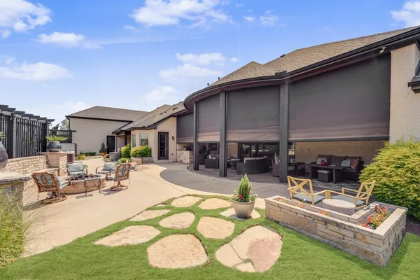a view of a porch with seating space