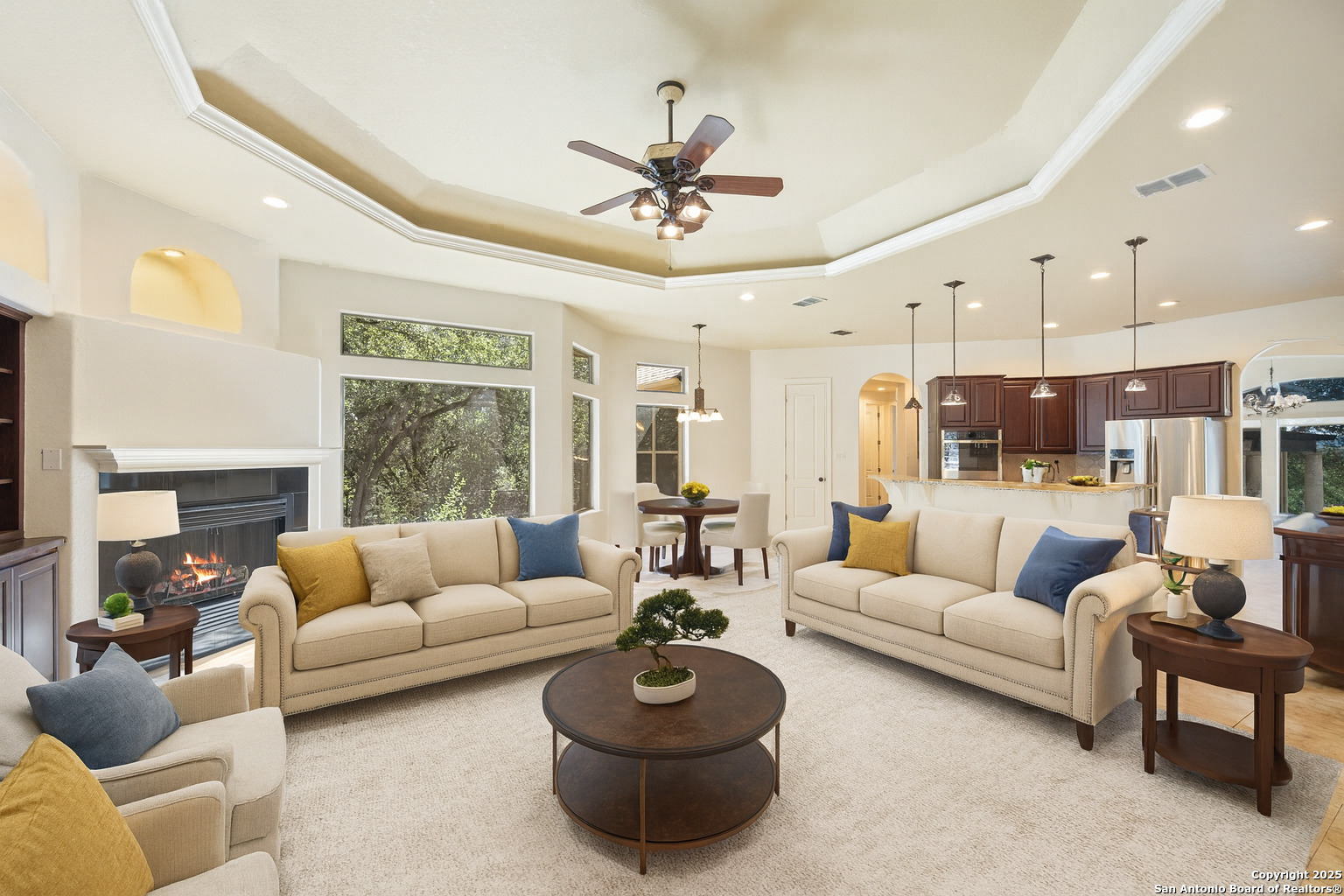 3015 River Way Spring Branch, TX 78070 - Photo 14 of 44 a living room with furniture a chandelier and a large window