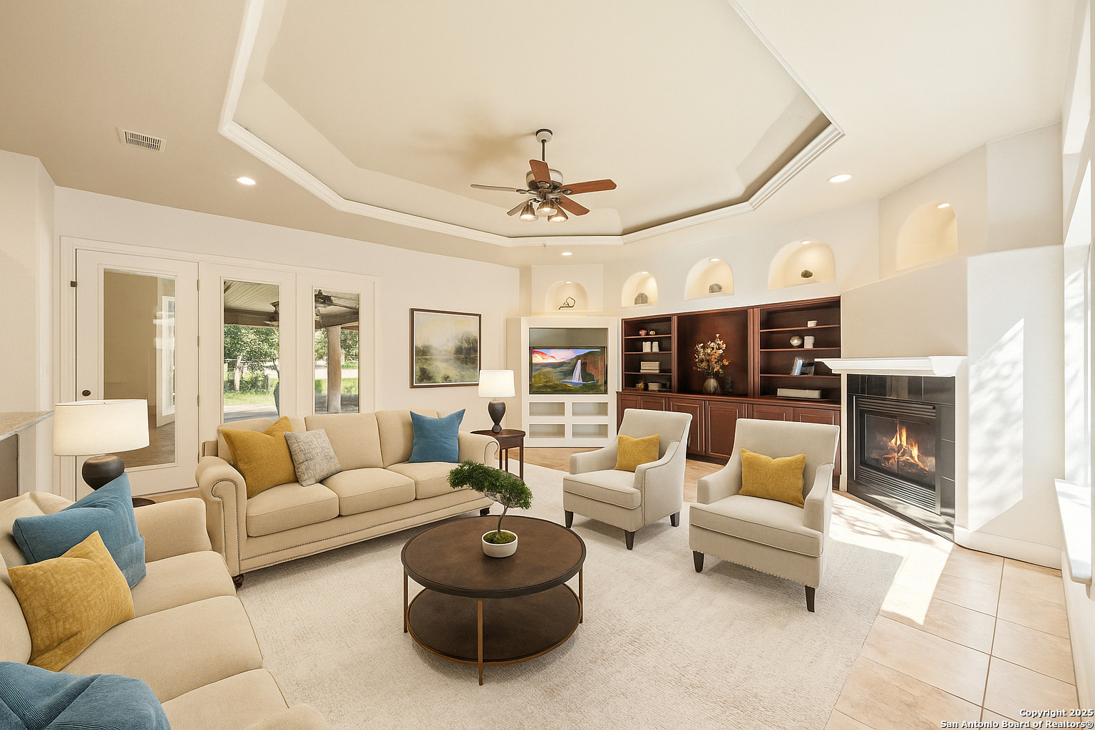 3015 River Way Spring Branch, TX 78070 - Photo 18 of 44 a living room with furniture a fireplace and a chandelier