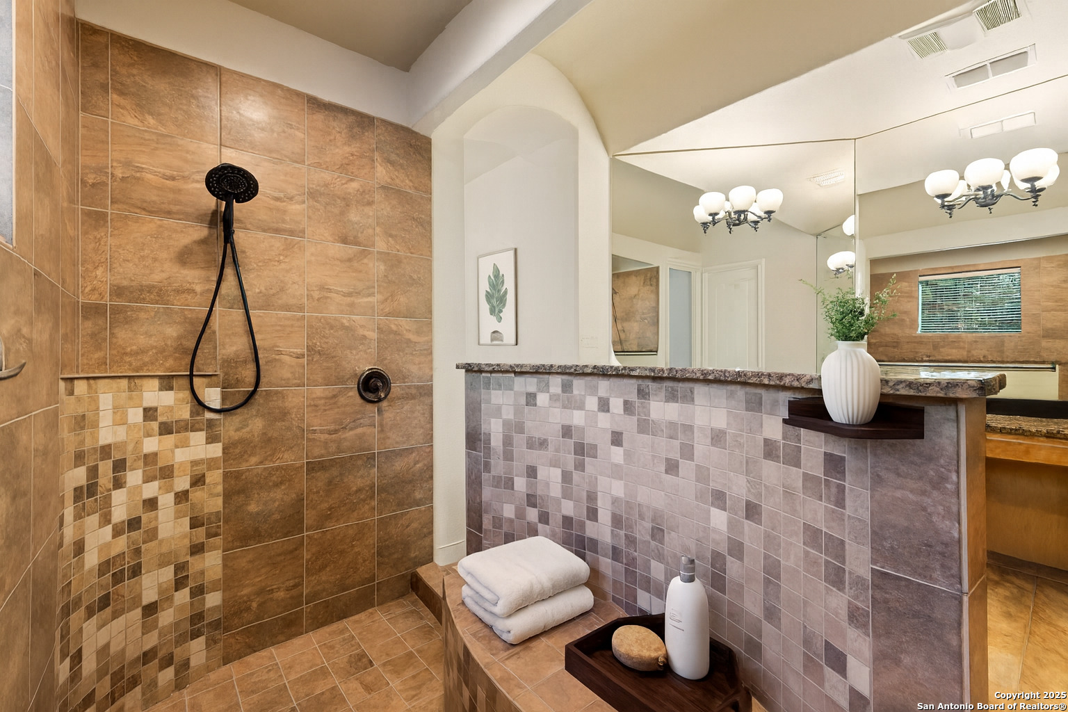 3015 River Way Spring Branch, TX 78070 - Photo 22 of 44 a bathroom with a granite countertop shower a sink and a mirror