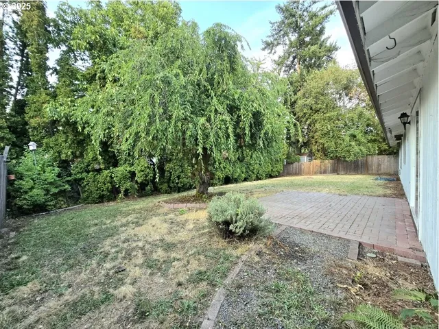 a view of a backyard with large trees