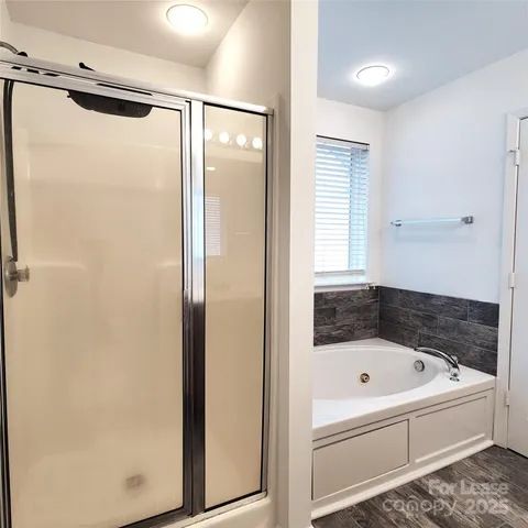 a bathroom with a bathtub and a shower
