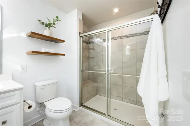 a bathroom with a shower and a toilet