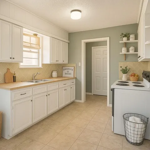 a kitchen with a sink cabinets and window
