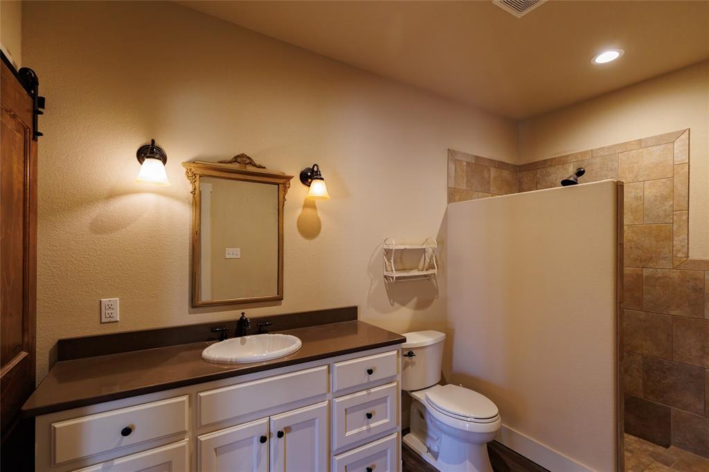 1433 County Road 1180 Decatur, TX 76234 - Photo 26 of 36 a bathroom with a granite countertop sink toilet and shower
