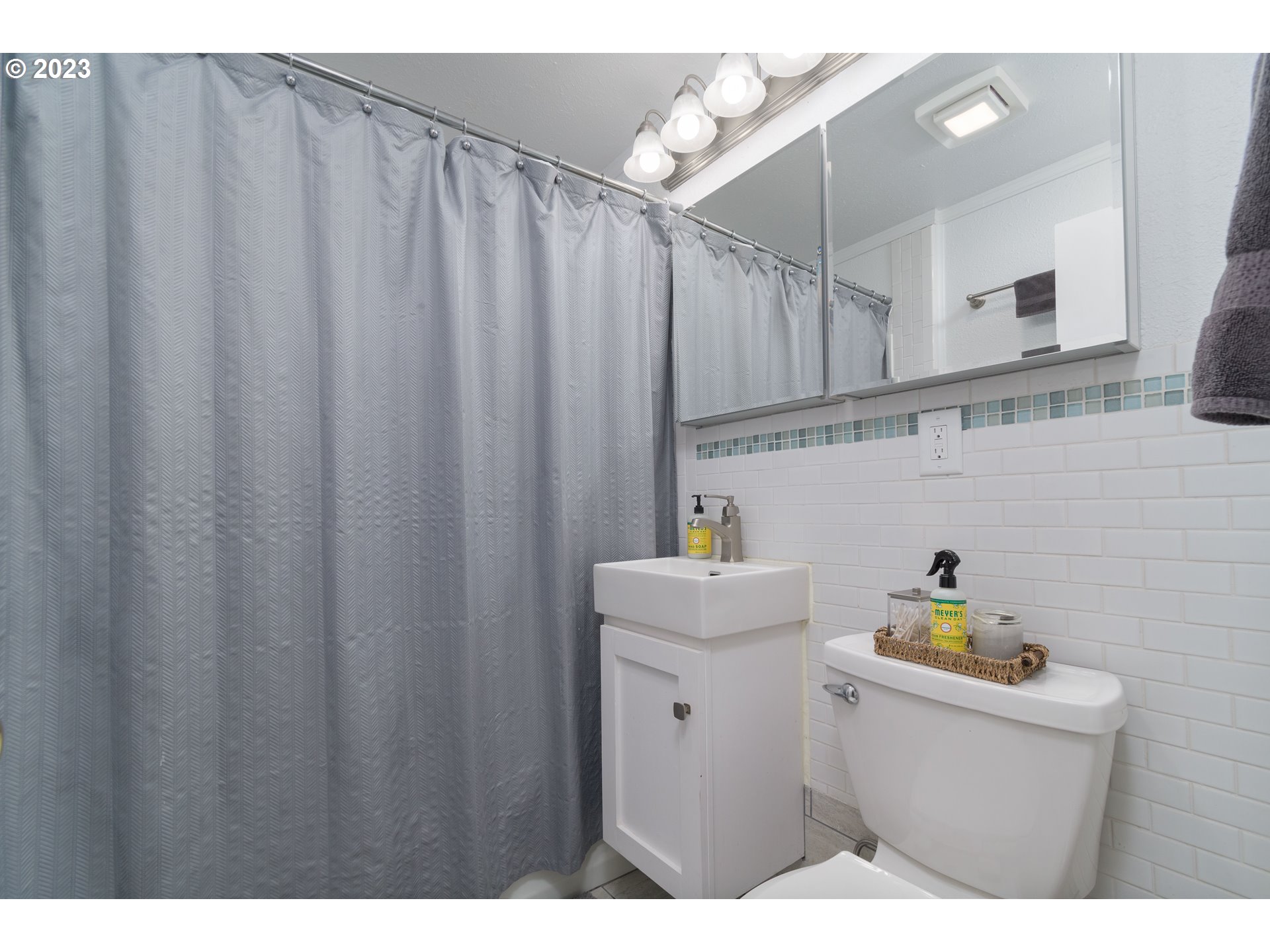 535 West M Street Springfield, OR 97477 - Photo 15 of 48 a bathroom with a sink a mirror and a shower curtain