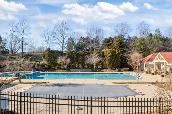a view of a swimming pool and a yard