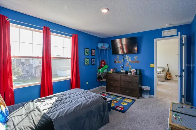 a bedroom with a bed and a television