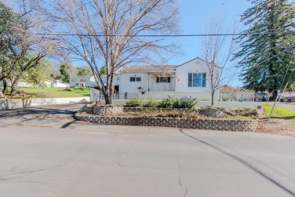a view of a house with a yard and large tree