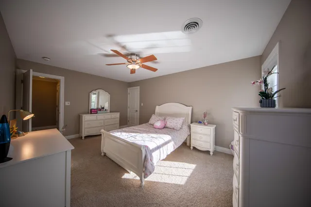 a view of a bedroom with furniture window and a ceiling fan