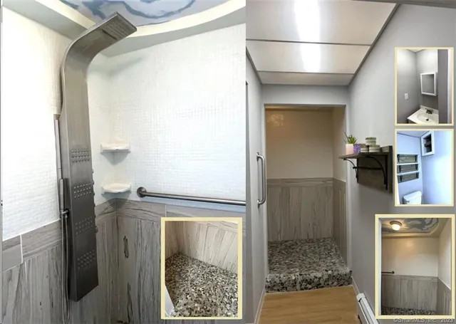 a view of a swimming pool with a yard and large trees