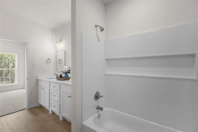 a bathroom with a bathtub sink and mirror