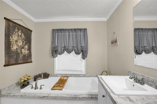 a bathroom with a tub sink and mirror