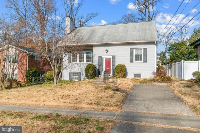 a view of a white house with a yard and large tree