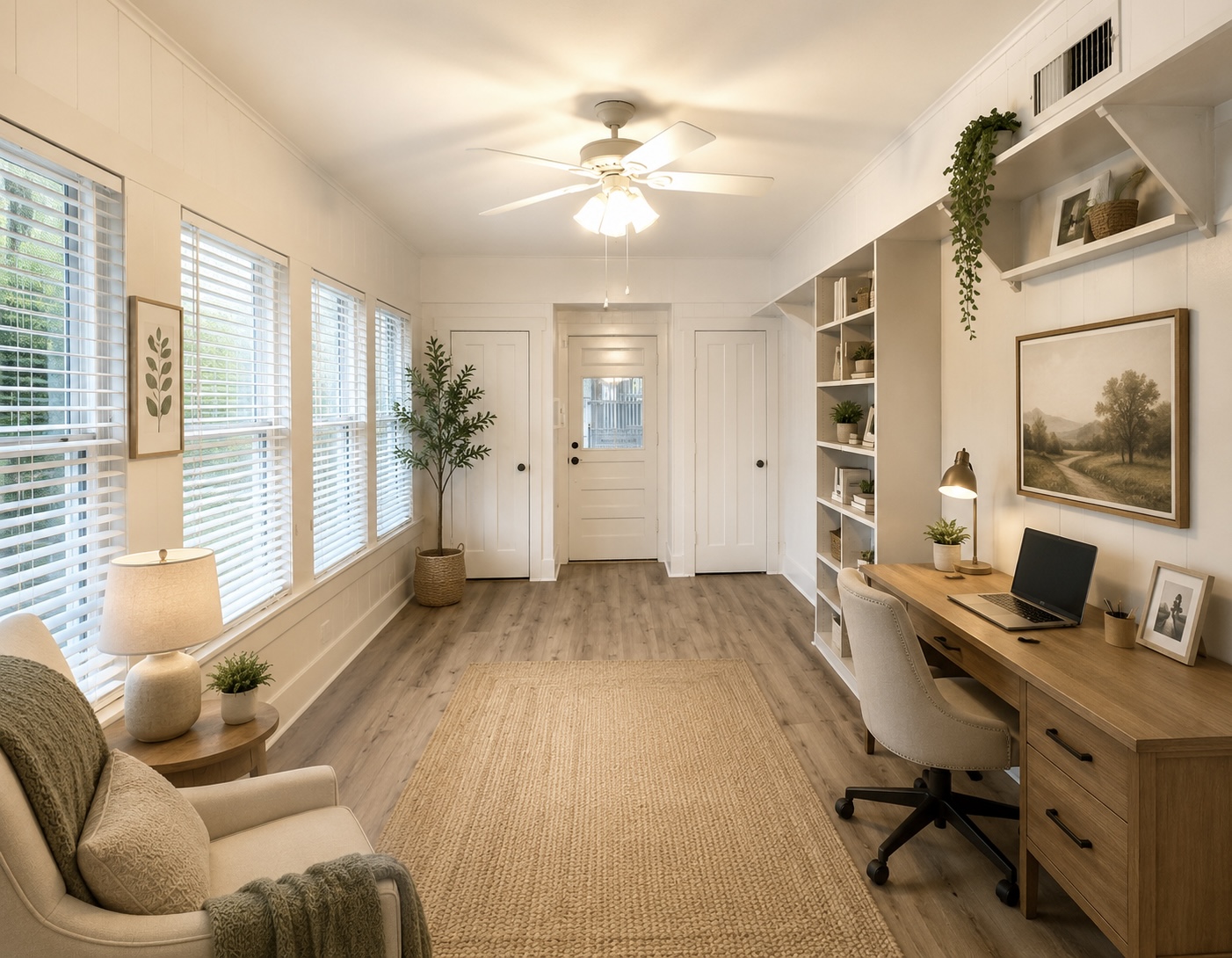 423 South Main Street Lockhart, TX 78644 - Photo 8 of 26 Bright room featuring multiple large windows with blinds, wood-finish flooring, a ceiling fan, a built-in shelving unit, and a paneled wall finish