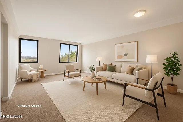 a living room with furniture and a potted plant