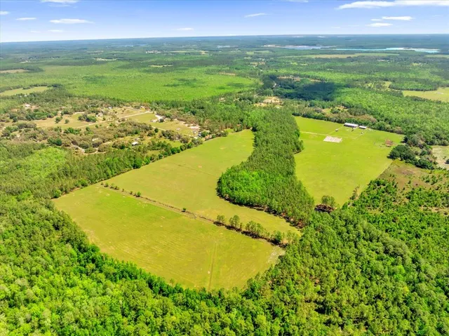 a view of a field with an ocean view
