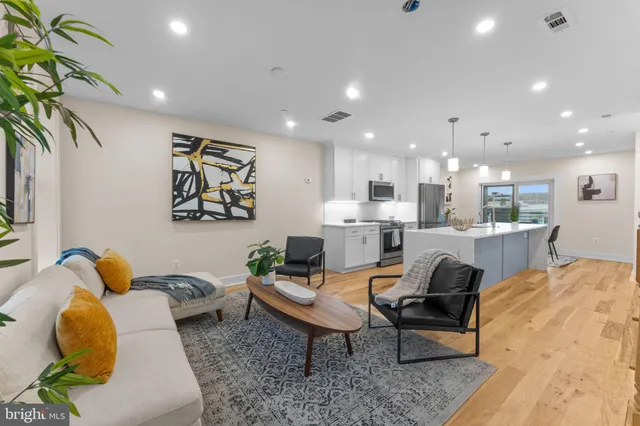 a living room with furniture and a potted plant