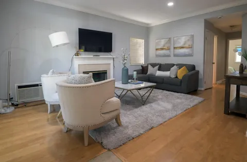 a living room with furniture a flat screen tv and a fireplace