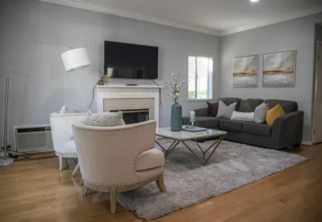 a living room with furniture a flat screen tv and a fireplace