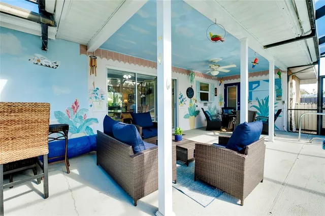 a view of a garden with patio