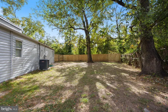 a view of backyard with large tree and wooden fence