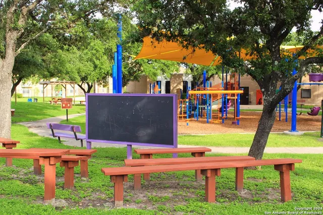 a view of a park with slide