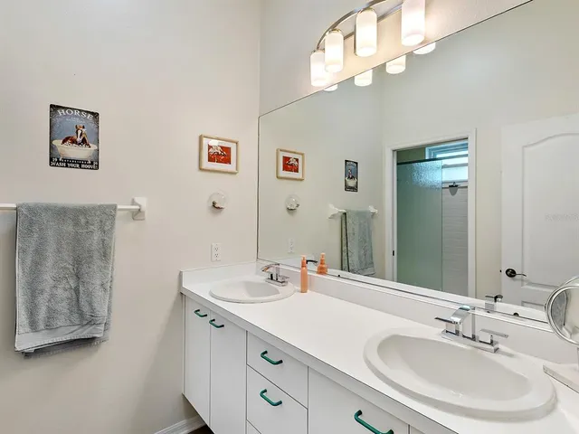 a bathroom with a sink a large mirror and a shower