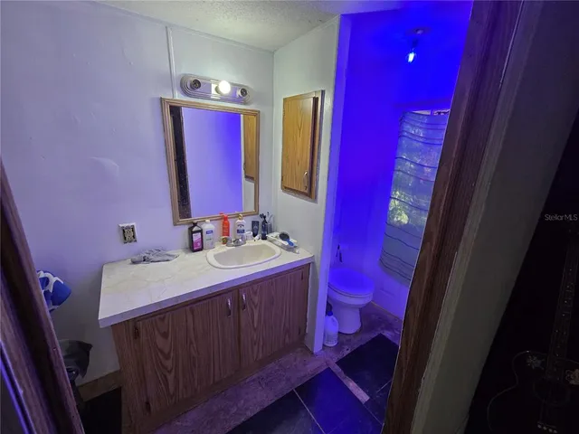 a bathroom with a sink vanity mirror and a toilet
