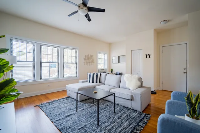 a living room with furniture and a potted plant