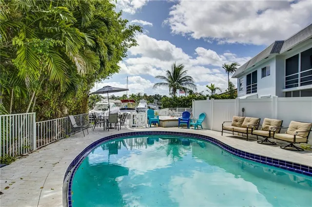 a swimming pool with outdoor seating and yard