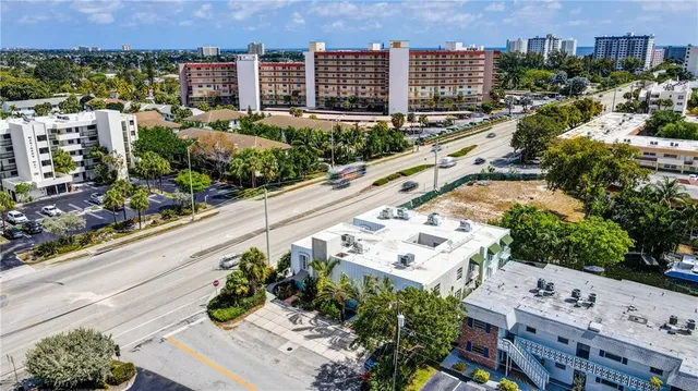 a view of a city and tall buildings