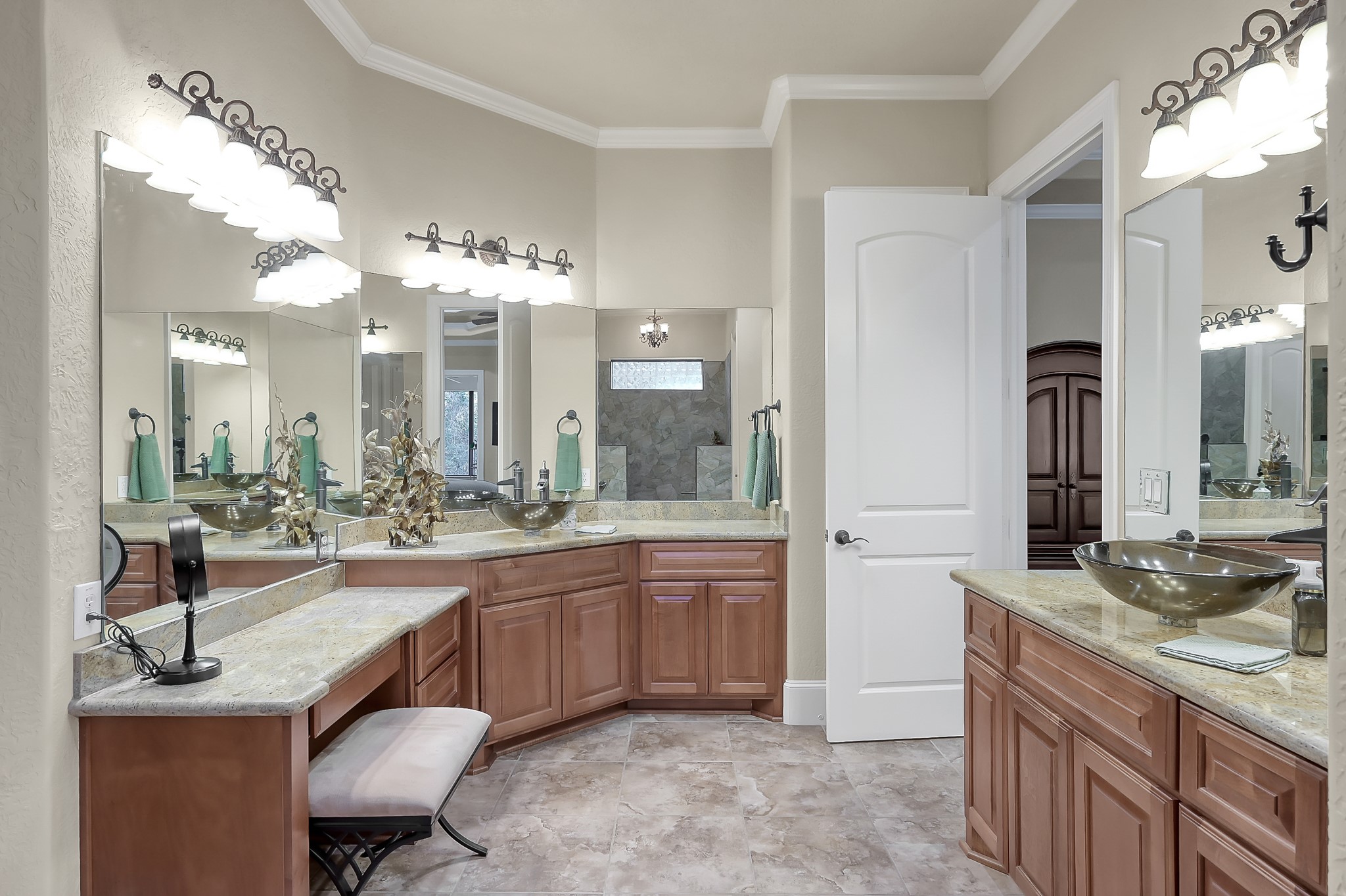 22742 Timberlake Creek Road Tomball, TX 77377 - Photo 30 of 50 a large bathroom with a granite countertop sink a toilet a mirror and shower
