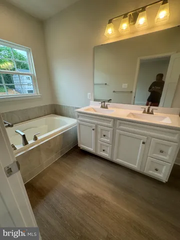 a bathroom with a double vanity sink and a bathtub