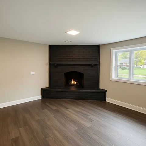 a living room with a fireplace