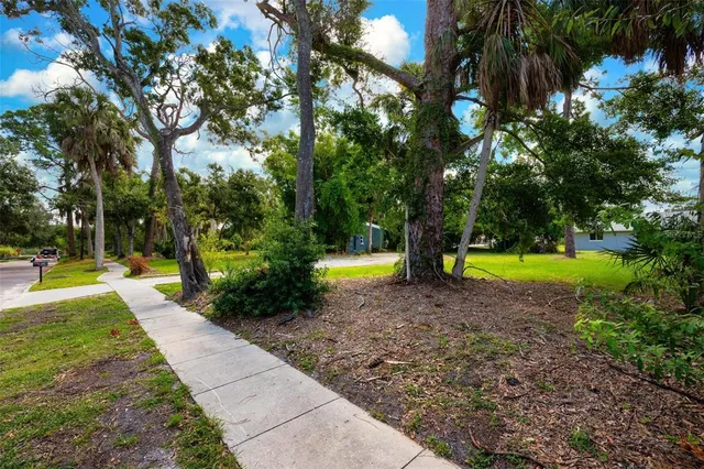 a view of a swimming pool with a garden