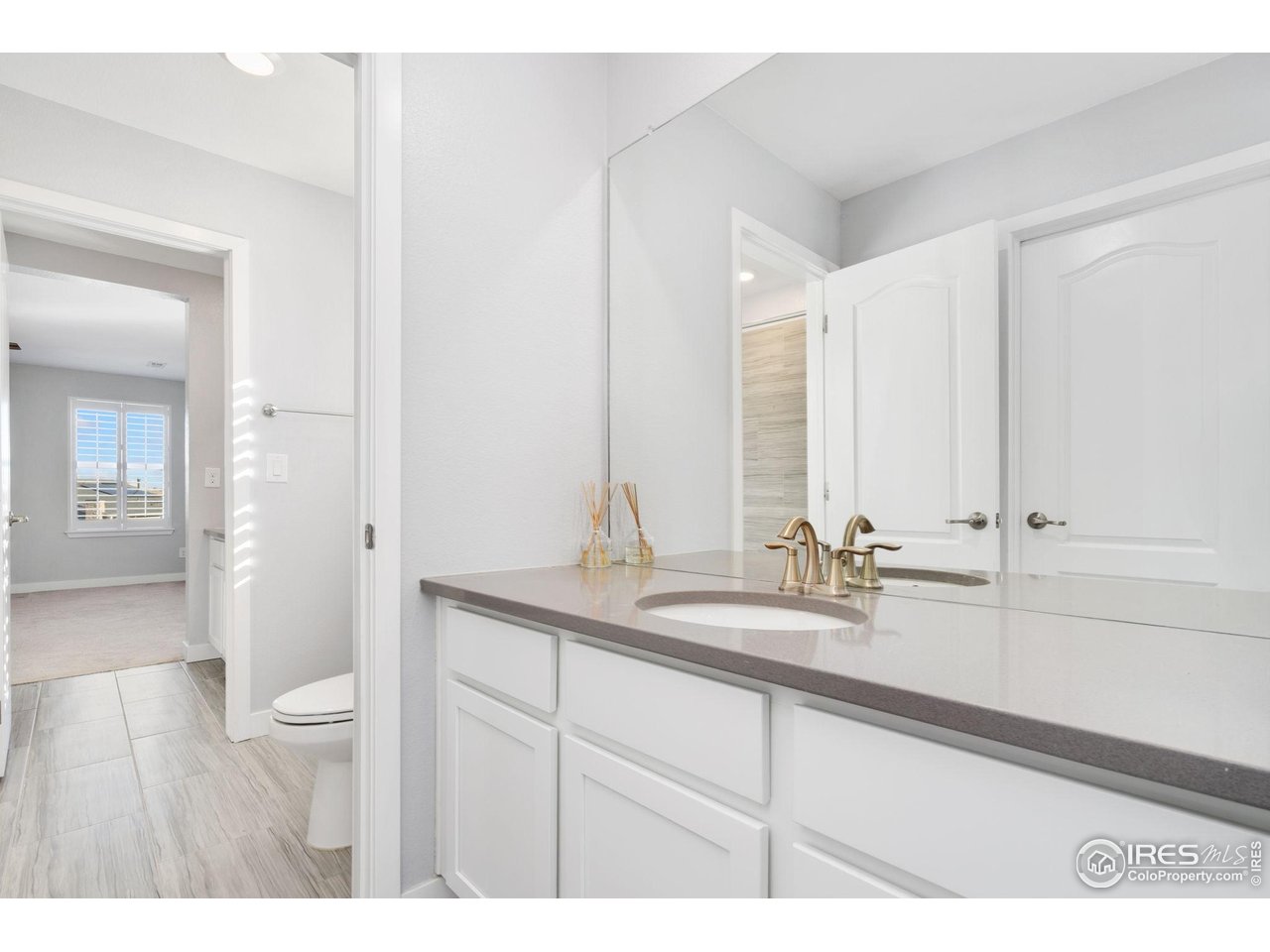 2883 Storm View Court Timnath, CO 80547 - Photo 28 of 36 a bathroom with a double vanity sink and a mirror