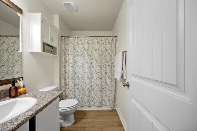 a bathroom with a granite countertop toilet a sink a shower and a mirror
