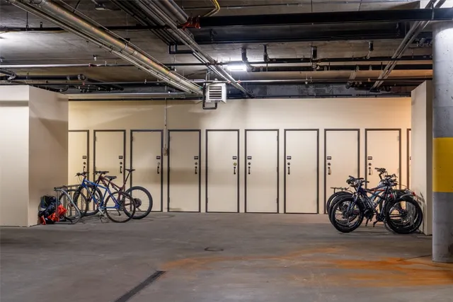 a view of a garage with a bike parked