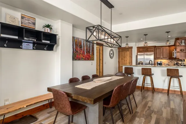 a view of a dining room with furniture