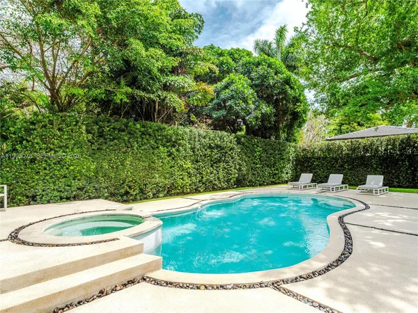 a view of a swimming pool with a yard