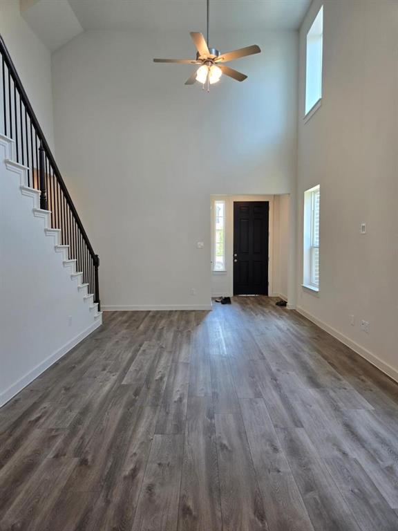 508 Weller Road McKinney, TX 75069 - Photo 2 of 16 Entryway featuring a double-height ceiling, wood-finish flooring, a contemporary ceiling fan, and a black front door with sidelights