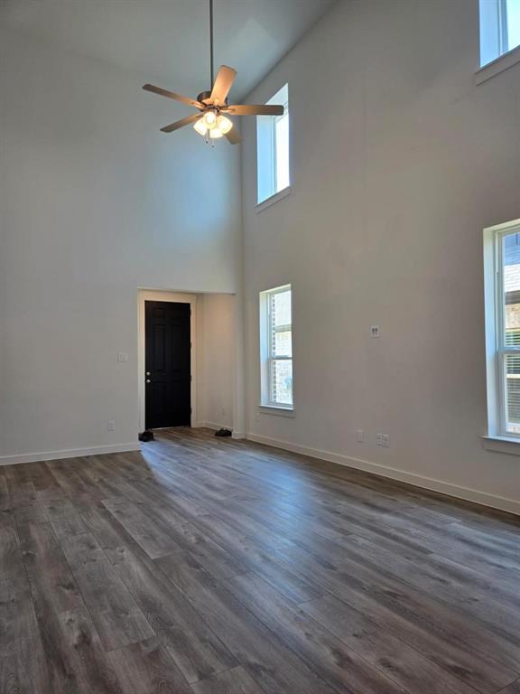 508 Weller Road McKinney, TX 75069 - Photo 3 of 16 Living area featuring high vaulted ceilings, multiple windows, a ceiling fan with integrated lighting, and wood-finish flooring