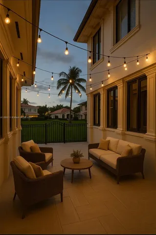 a outdoor living space with furniture and a fireplace