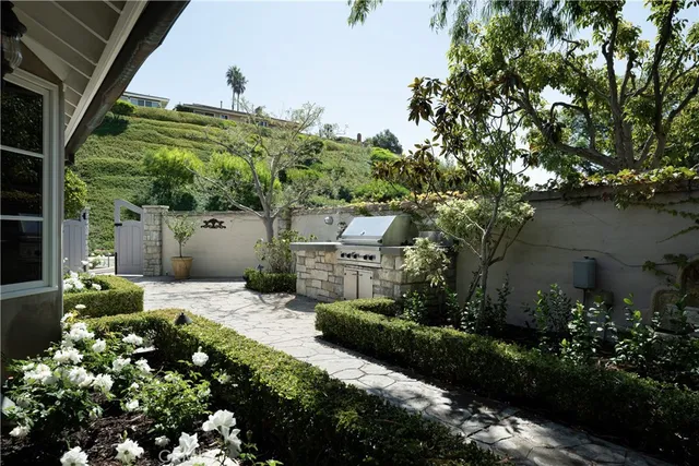a backyard of a house with lots of green space and lake view