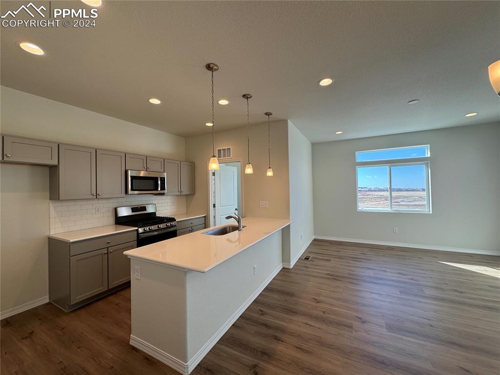 8082 Jayla Trail Peyton, CO 80831 - Photo 8 of 20 a kitchen with stainless steel appliances a stove top oven a sink a refrigerator with wooden floor and cabinets