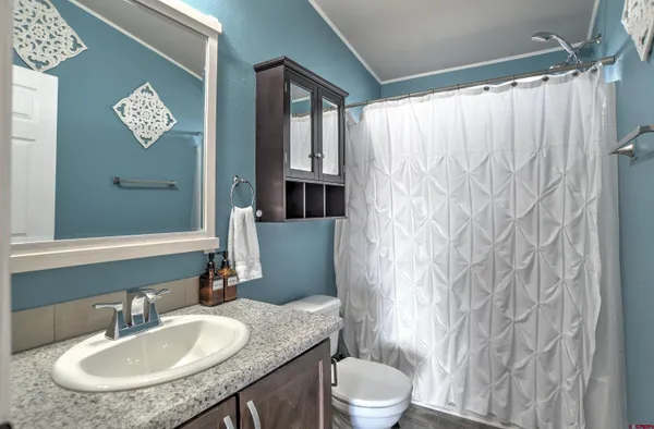 a bathroom with a granite countertop sink toilet and a mirror
