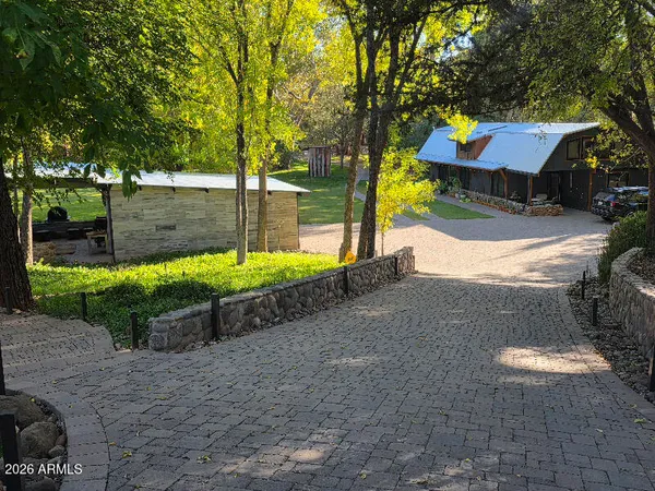 a view of a park with large trees